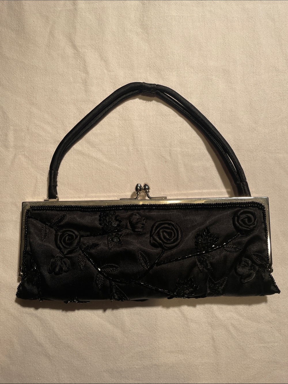 Valerie Stevens Black Embroidered Satin Evening Clutch with Top Handle